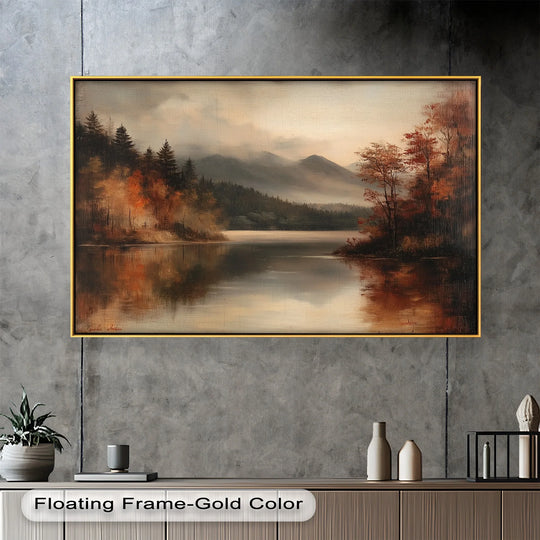 Visual rhythm is created in this moody autumn oil painting by the mirroring of trees in a misty lake that balances with the muted tones of this oil painting art prints.