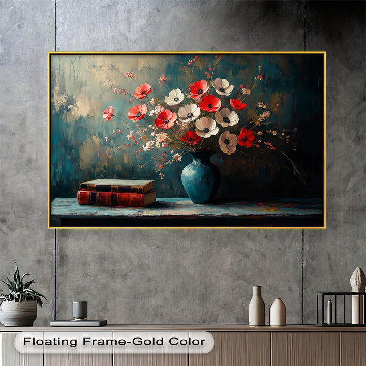 Vibrant Floral Vase with Books – Botanical Oil Paintings
