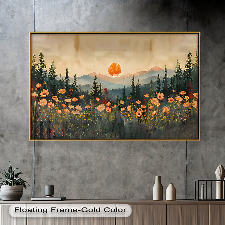 A romantic celebration of the natural world, this painting captures the gentle transition from day to night in a blooming mountain meadow.

