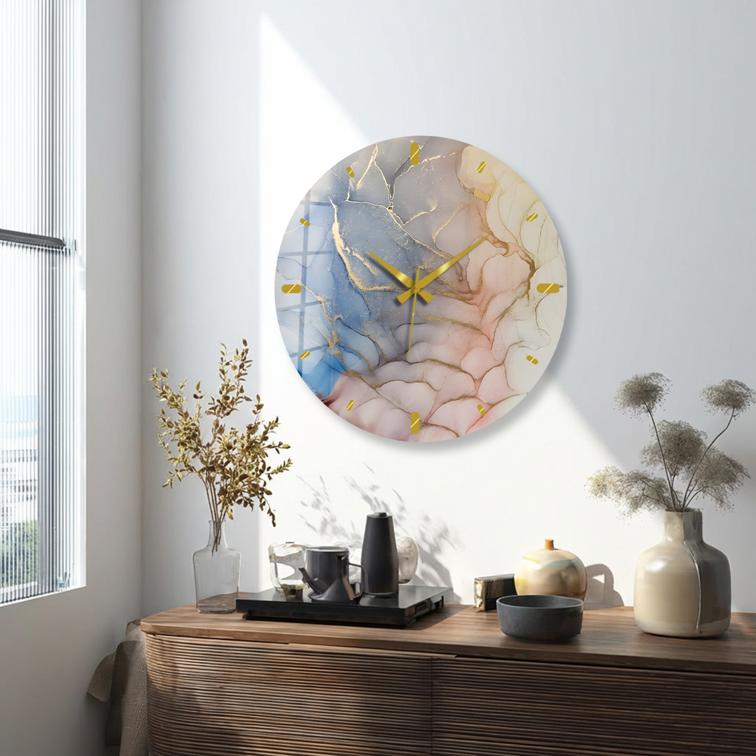 Pastellrosa und blaue Marmorglas-Wanduhr