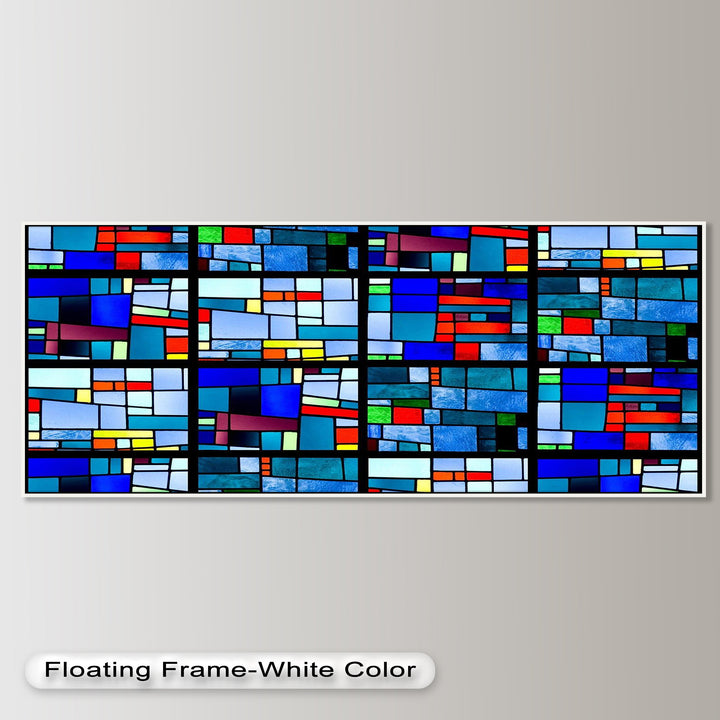 A contemporary blue artwork with bright multicolored rectangles, evoking a modern mosaic effect.