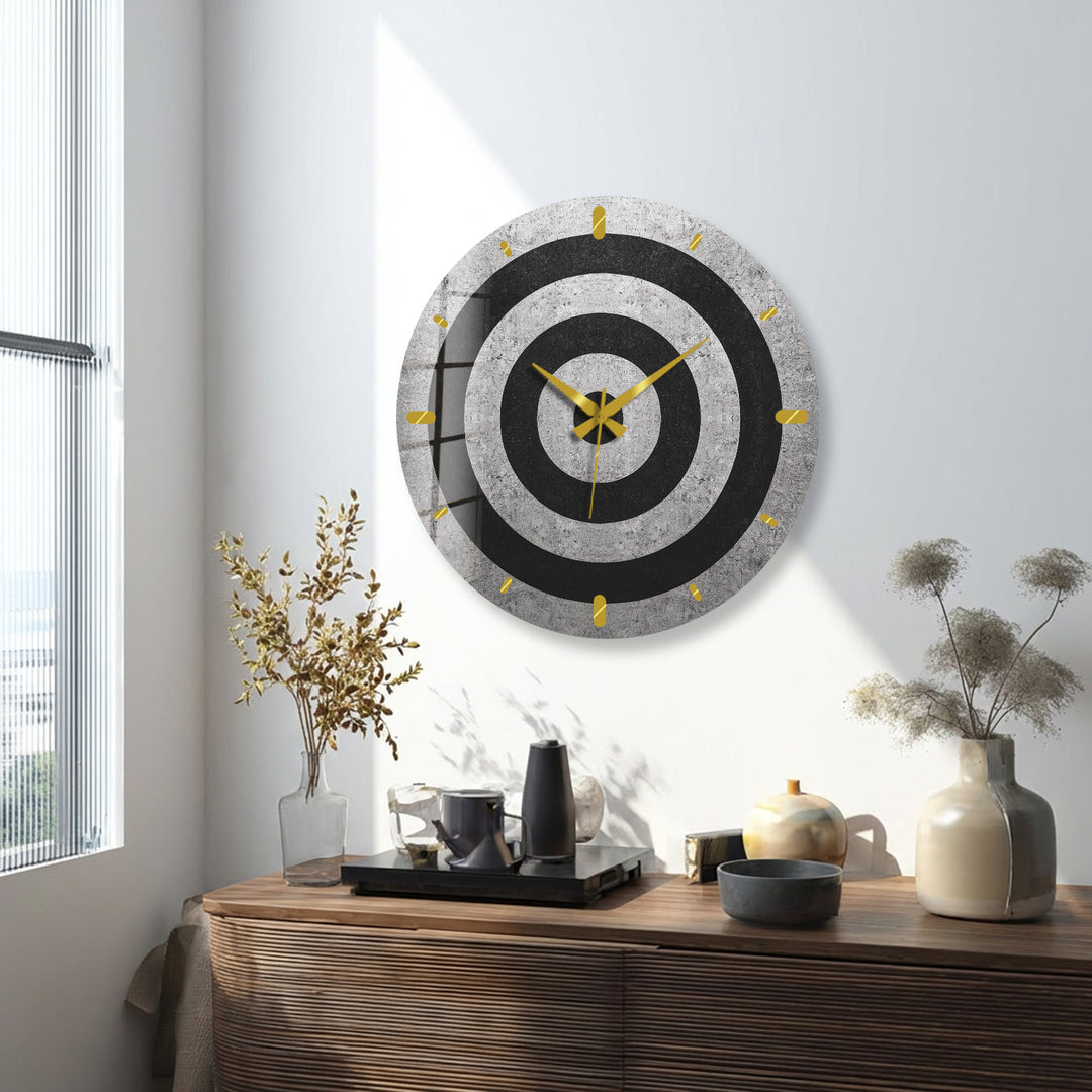 Black and White Glass Wall Clock – Minimalist Concentric Circles