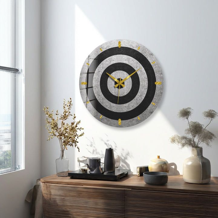 Black and White Glass Wall Clock – Minimalist Concentric Circles