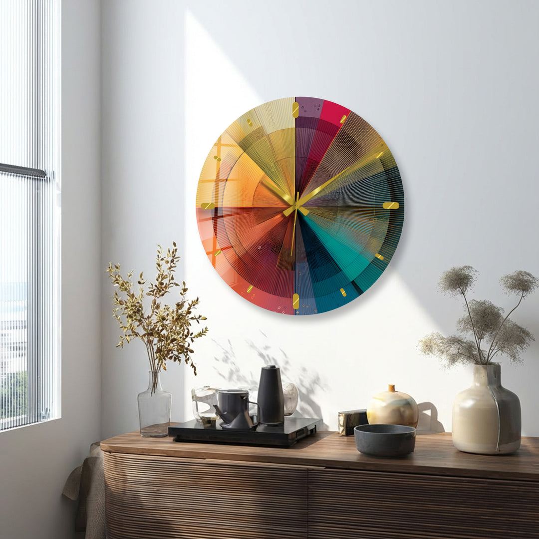 Colorful Geometric Glass Wall Clock – Retro Radial Art