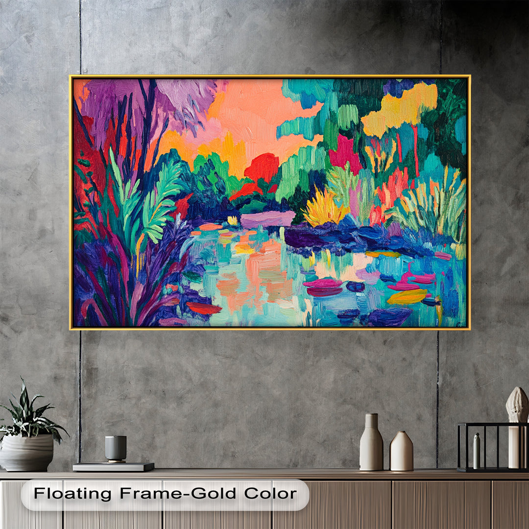 Sunset Reflections Oil Painting – Fauvist Lakeside Dreamscape
