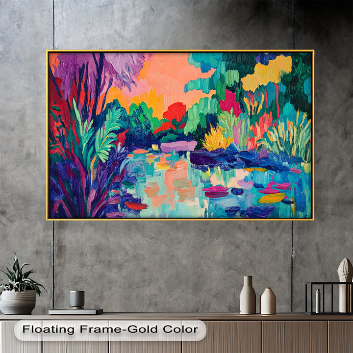 Sunset Reflections Oil Painting – Fauvist Lakeside Dreamscape