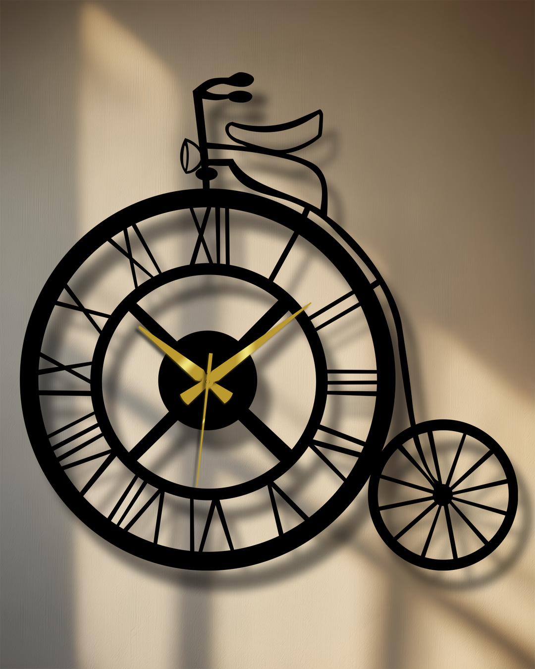 Visual rhythm is created by the spokes and roman numerals in this vintage bicycle metal wall clock, forming a unique metal wall art piece.