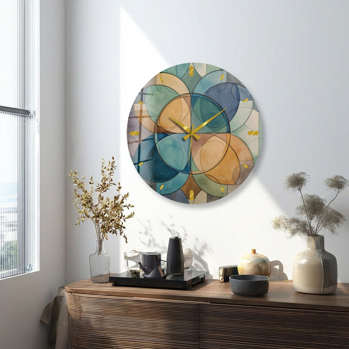 Teal Geometric Glass Wall Clock – Mid Century Abstract Decor
