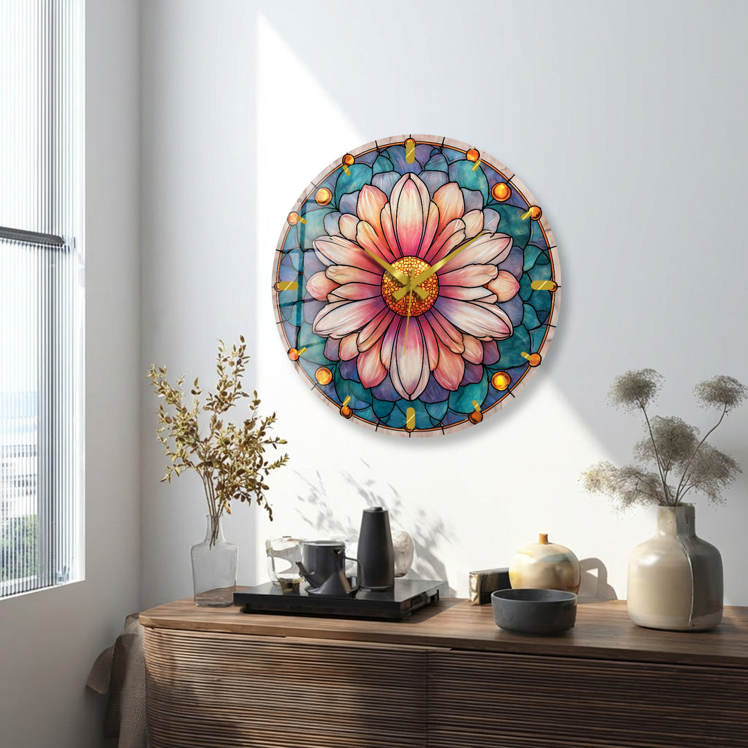 Rosa florale Glas-Wanduhr – Dekor im Buntglas-Stil