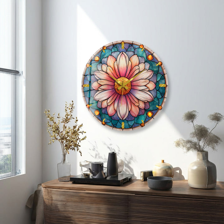 Rosa florale Glas-Wanduhr – Dekor im Buntglas-Stil