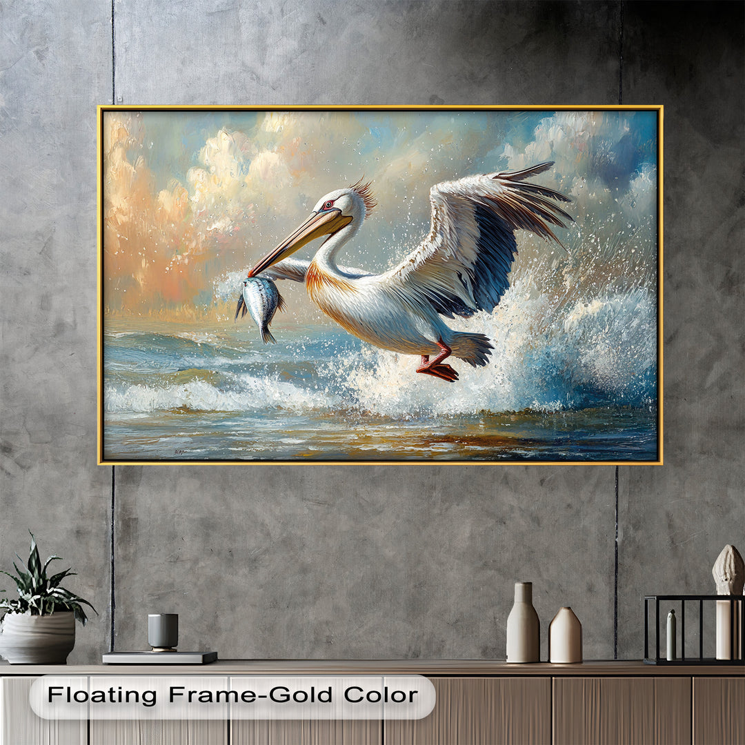 Pelican Catching Fish in Ocean Surf – Animal Oil Painting