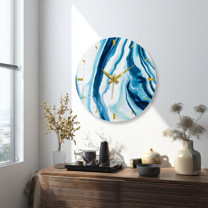Blaue Marmorglas-Wanduhr – modernes blau-weißes Dekor