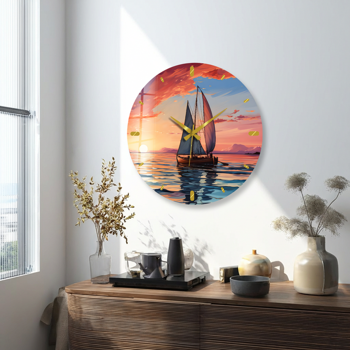 Sunset Sailboat Glass Wall Clock – Coastal Nautical Decor