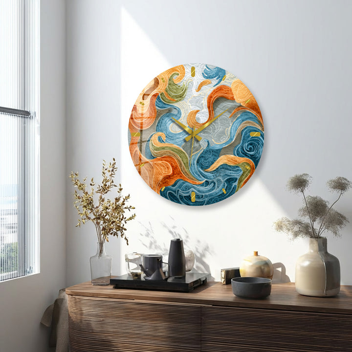 Abstract Ocean Glass Wall Clock – Blue and Orange Wave Art