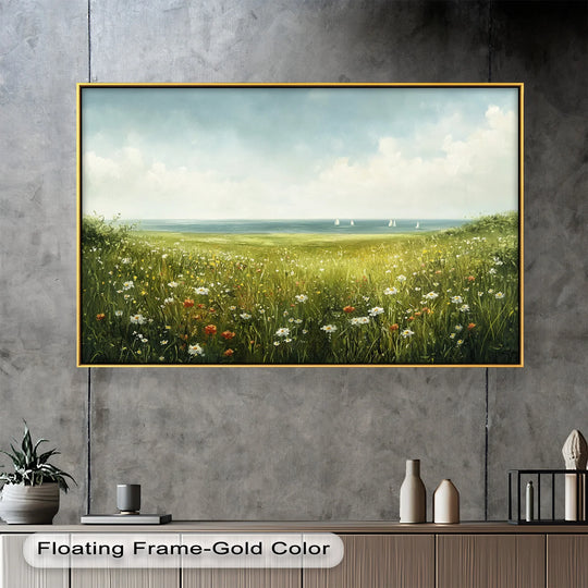 Gradual shading creates the transition between colors within this serene, framed moody country landscape oil painting decoration, showcasing wildflower meadows and a tranquil sea.