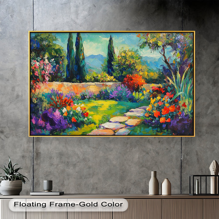 Sunlit Garden Path Oil Painting – Fauvist Outdoor Floral Landscape
