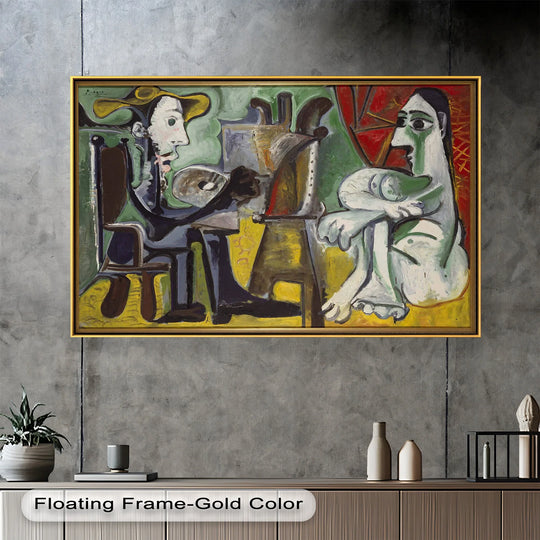 Foreground shows a mid-century modern style console table with decorative vases, plants, and a framed The Painter and His Muse oil painting art piece above.