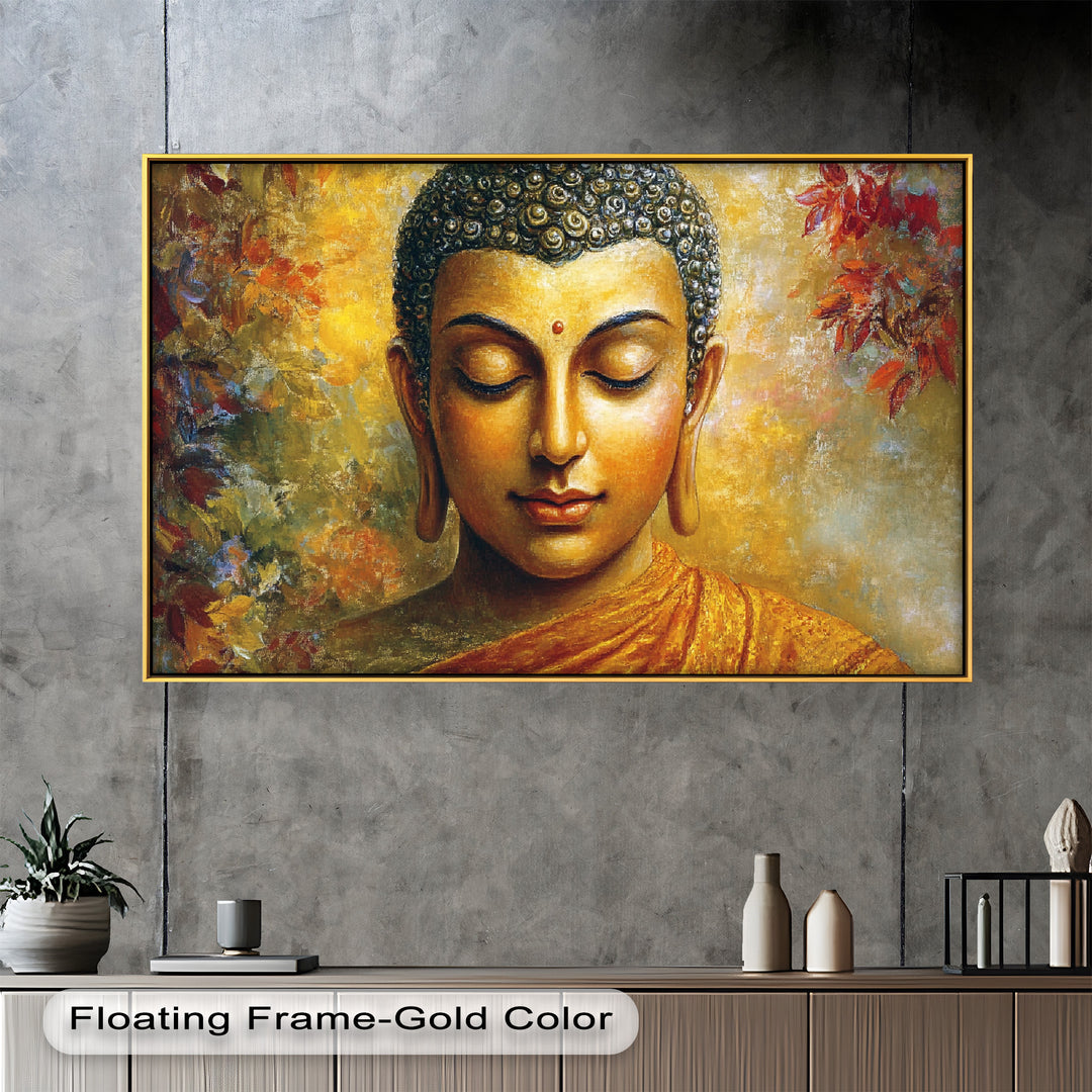 A radiant painting of Buddha with closed eyes and a gentle smile, surrounded by warm golden light and autumnal foliage.