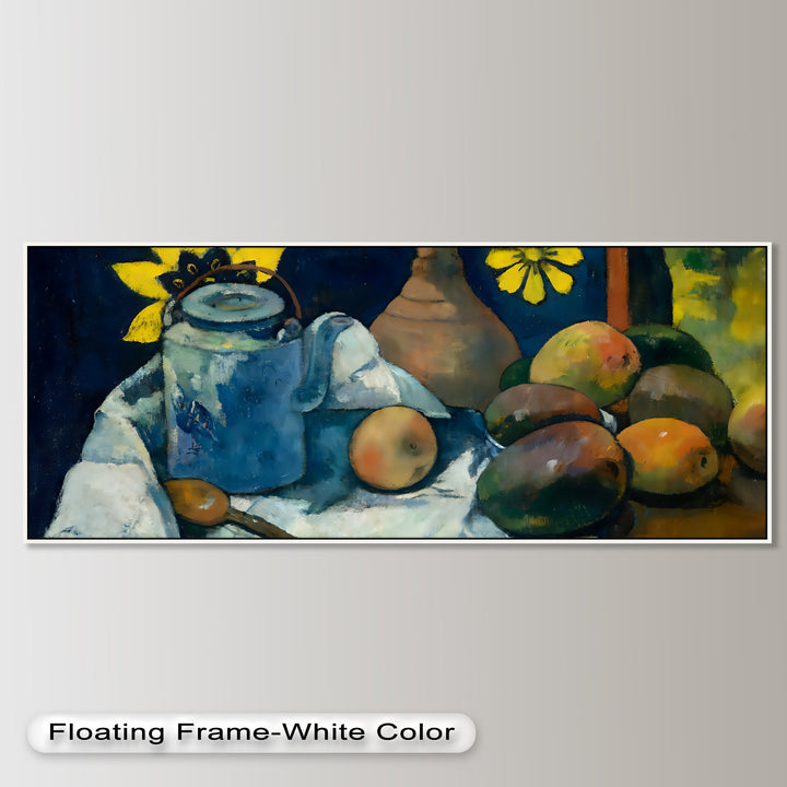 Rustikales Stillleben mit Mangos und Teekanne – Food Paintings