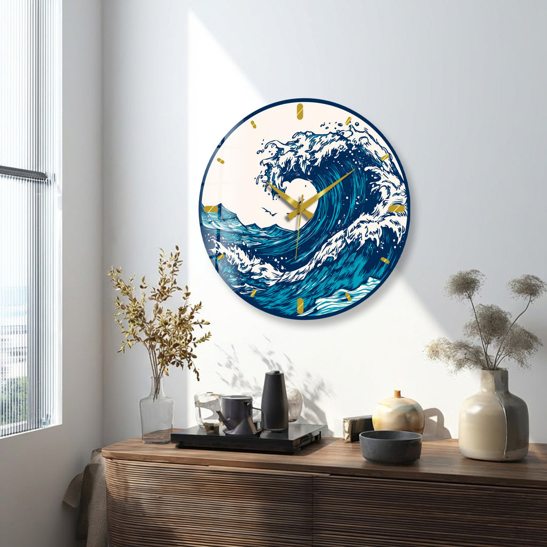 Japanese Wave Glass Wall Clock – Blue Ocean Coastal Decor