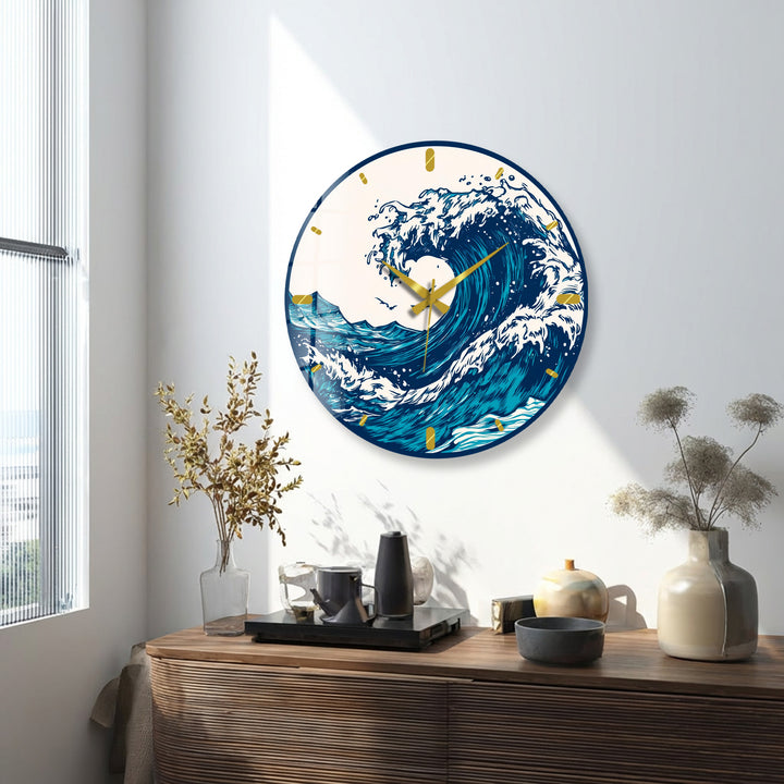 Japanese Wave Glass Wall Clock – Blue Ocean Coastal Decor