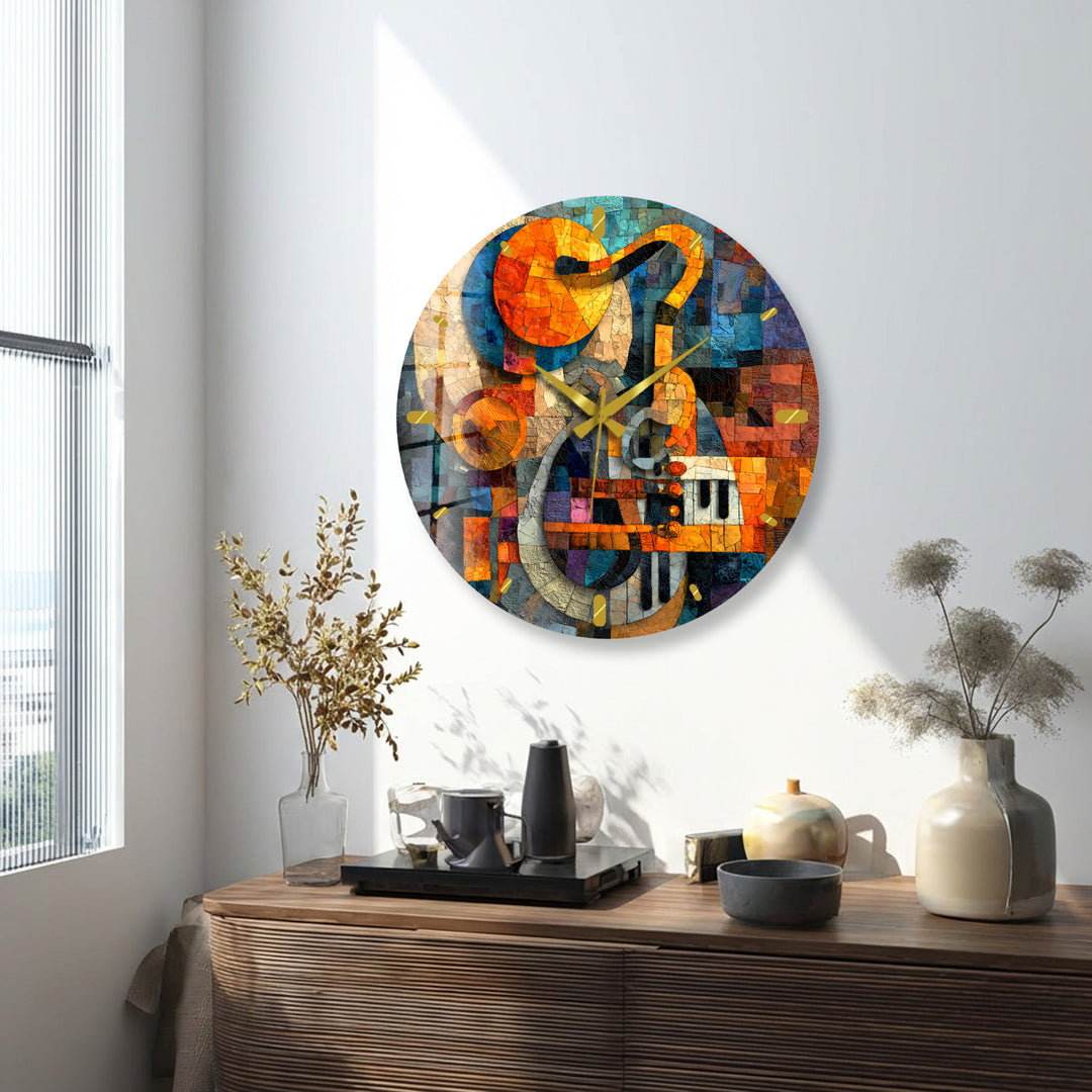 Music Glass Wall Clock – Treble Clef and Piano Mosaic Decor
