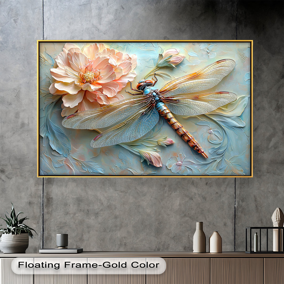 A stunning 3D relief artwork featuring a metallic dragonfly with intricate wings resting beside a delicate pink peony on a soft pastel blue background.