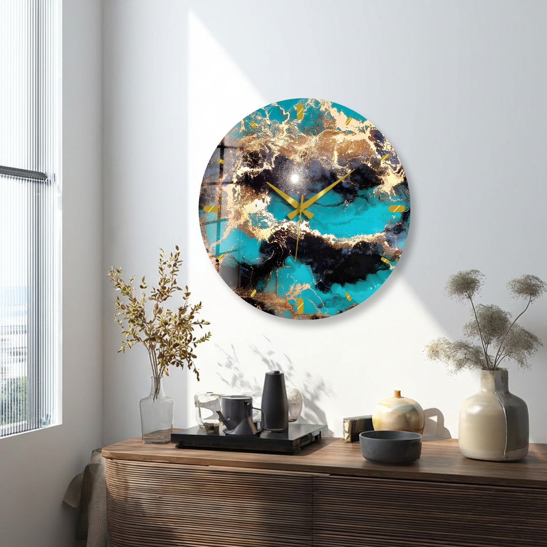 Turquoise and Gold Glass Wall Clock – Abstract Marble Decor