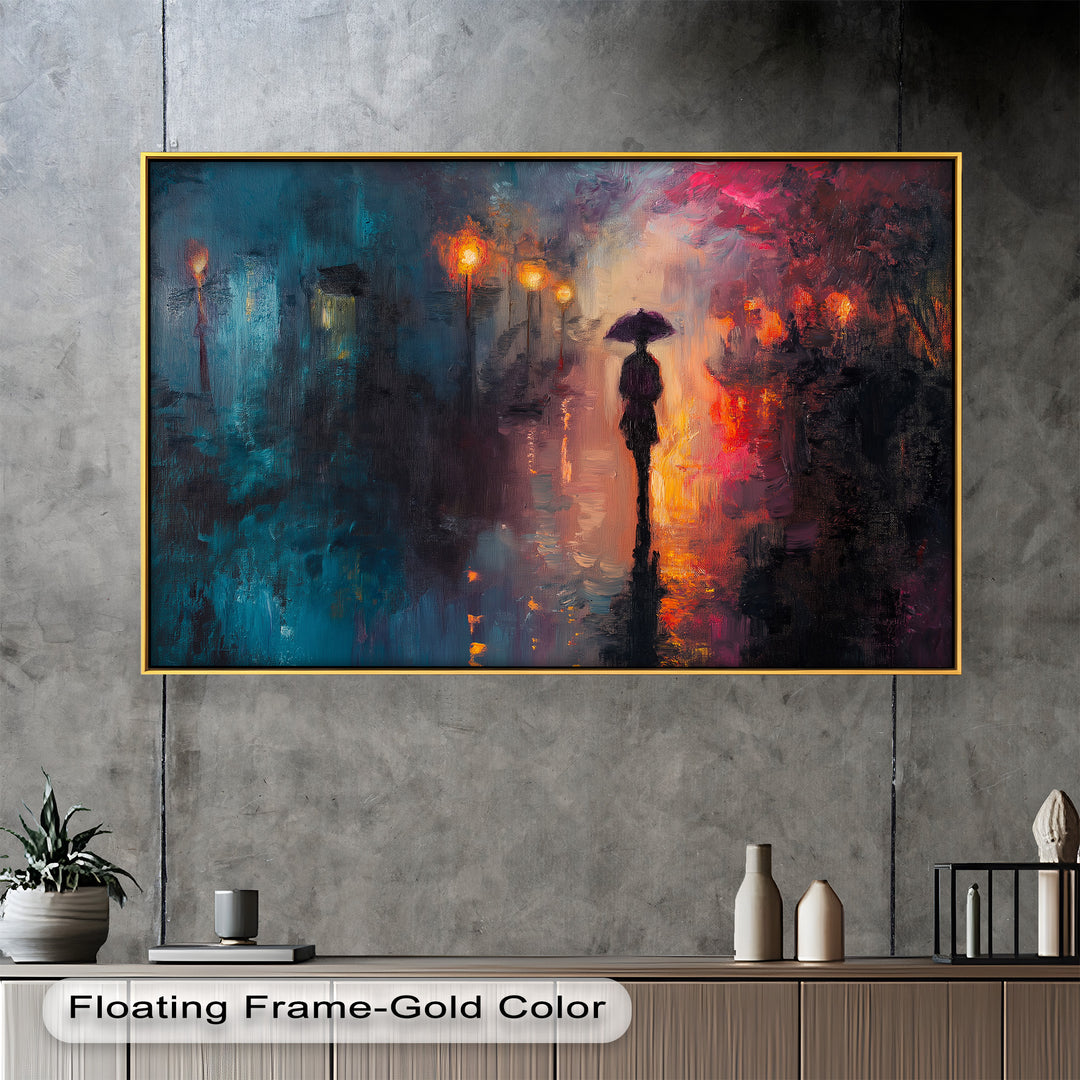 Evening Solitude – Romantic Rainy Stroll Love Oil Painting