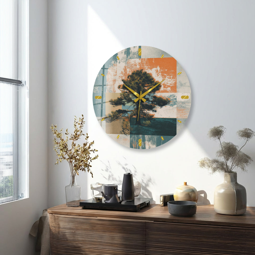 Mid Century Pine Tree Glass Wall Clock – Retro Nature Decor