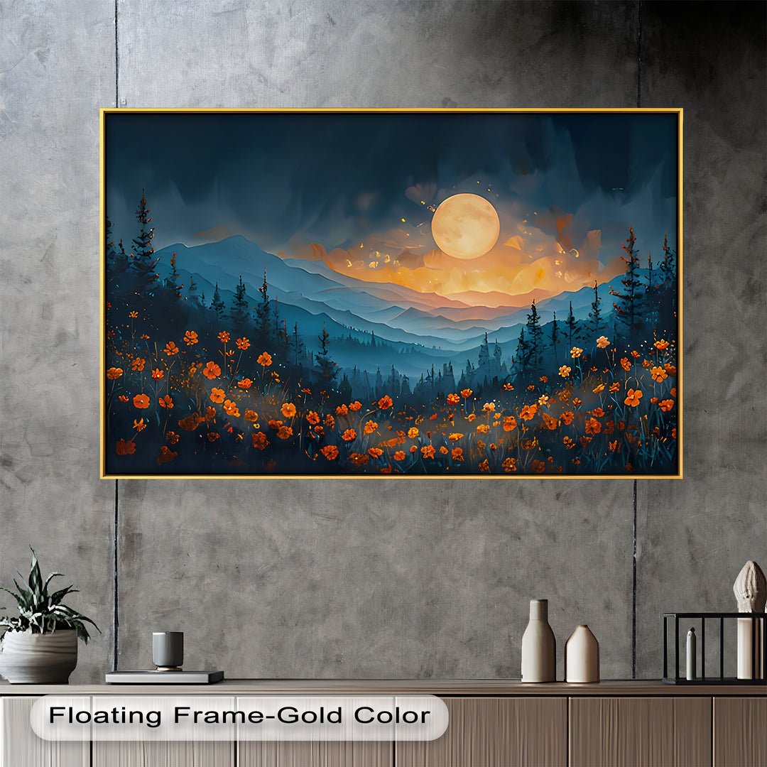 The glowing moonlight and scattered blossoms bring warmth and wonder to the cool, misty forest background.