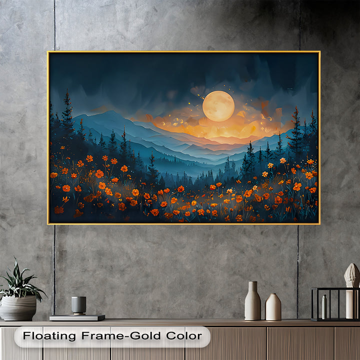 The glowing moonlight and scattered blossoms bring warmth and wonder to the cool, misty forest background.