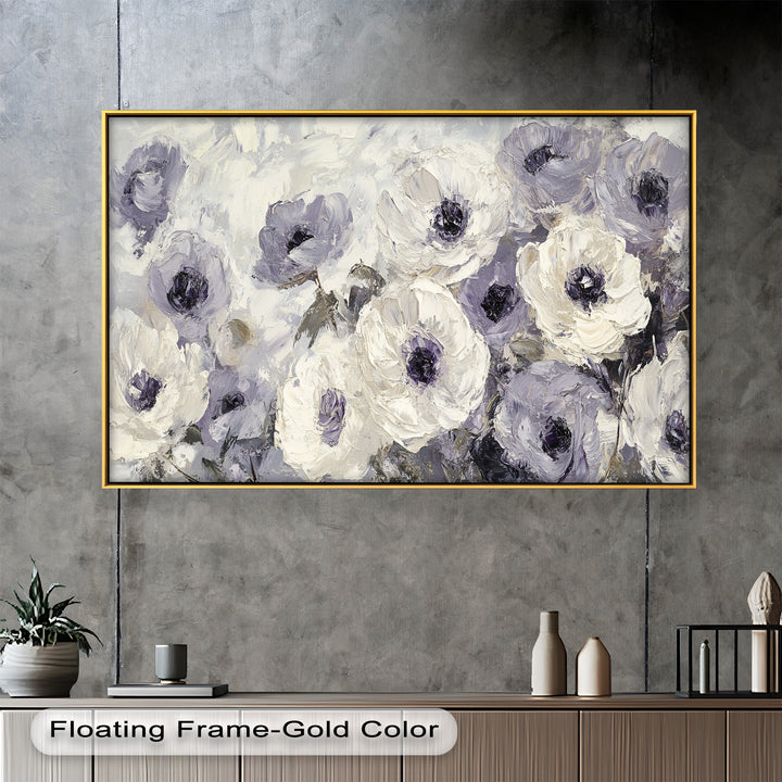Ivory Whispers – Cream and Lavender Anemone Flower Oil Painting