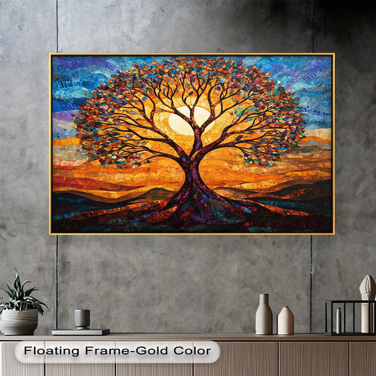 Radiant mosaic tree with colorful leaves and glowing sun.
