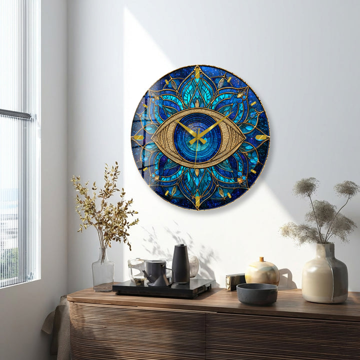 Evil Eye Glass Wall Clock – Blue Mandala Wall Decor