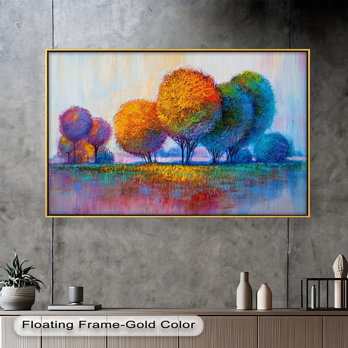 Horizontal and rectangular colorful Nordic tree vibrant abstract oil paintings provide unique oil painting decoration for any space with its colorful style.