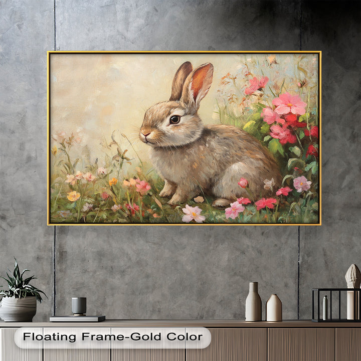 Curious Bunny Among Spring Blossoms – Animal Oil Painting