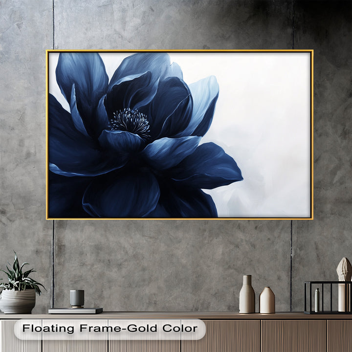 Midnight Bloom Wall Art – Navy Blue Floral Oil Painting