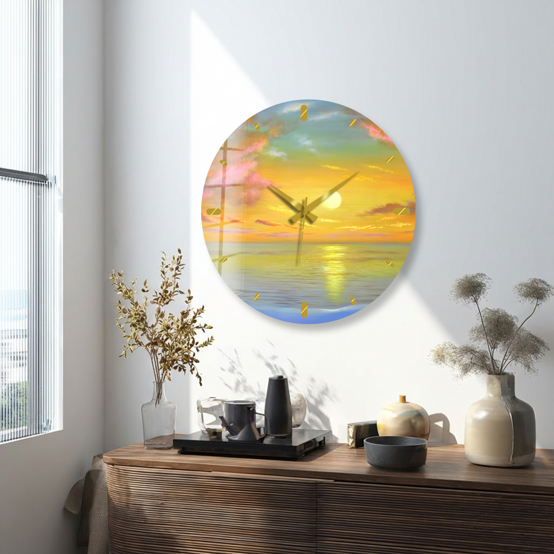 Ocean Sunset Glass Wall Clock – Golden Coastal Decor