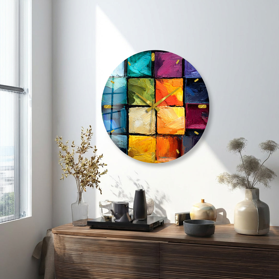 Colorful Abstract Glass Wall Clock – Textured Geometric Painting
