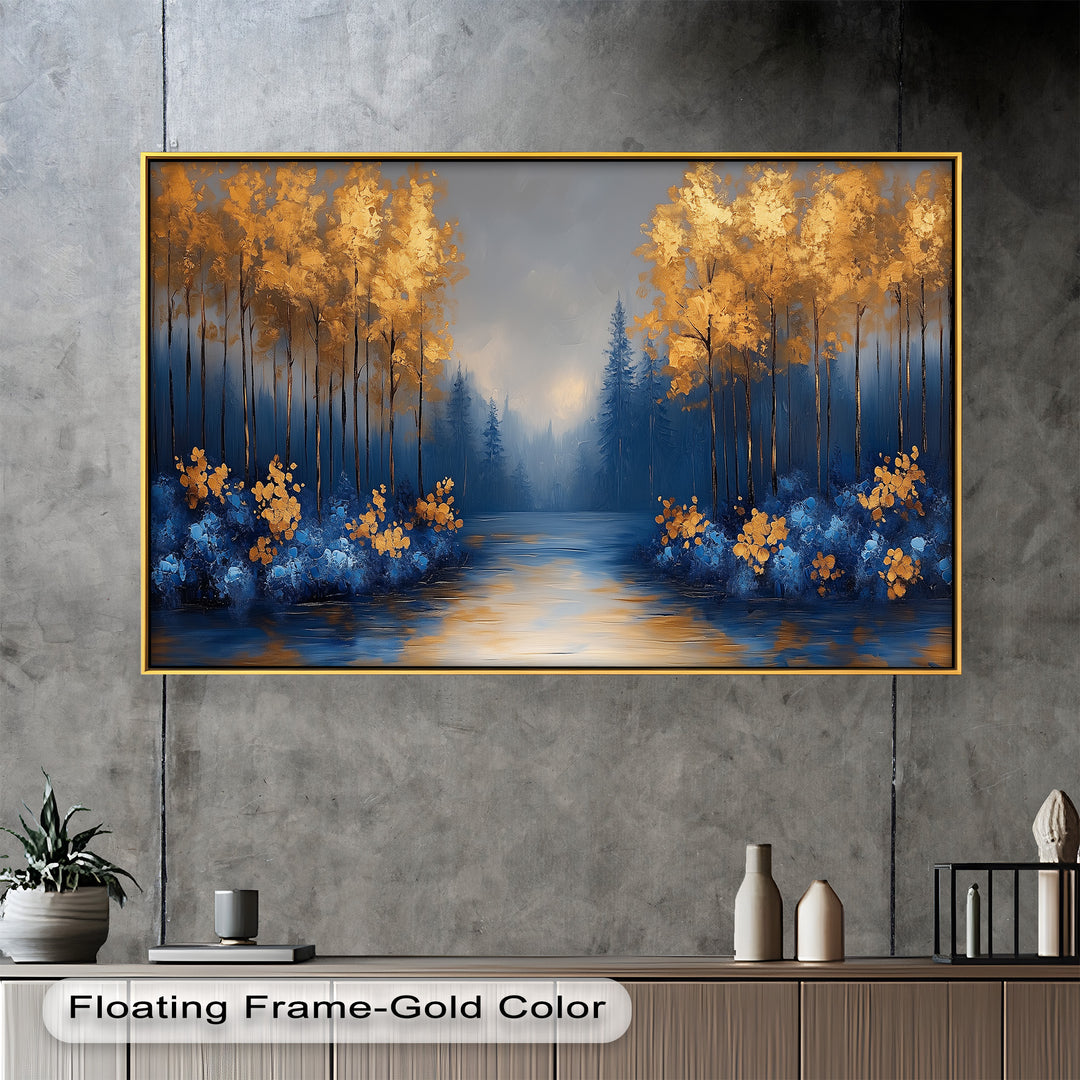 This striking landscape painting features a dreamlike forest path framed by golden-yellow trees and deep blue foliage, leading into a misty, ethereal background.

