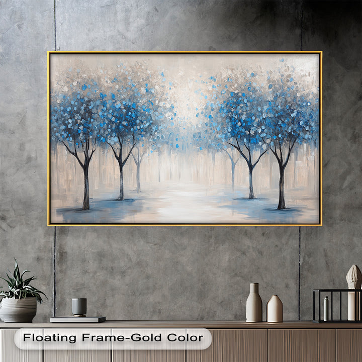 Misty Blue Blossom Trees Wall Art – Floral Oil Painting
