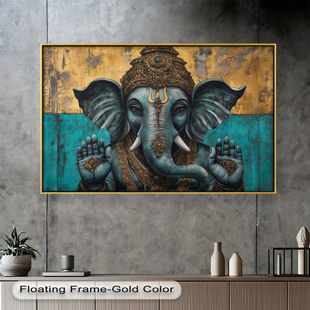 A majestic depiction of Lord Ganesha with both hands raised in blessing, adorned in intricate golden ornaments against a teal and gold background.