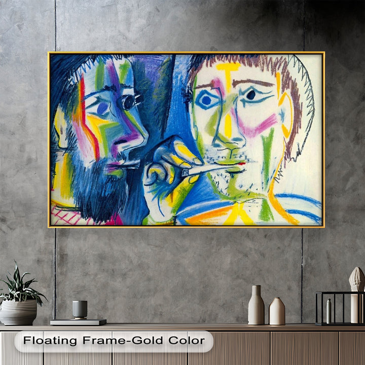 Modern expressionist composition with two bearded faces, using intense colors and exaggerated features.