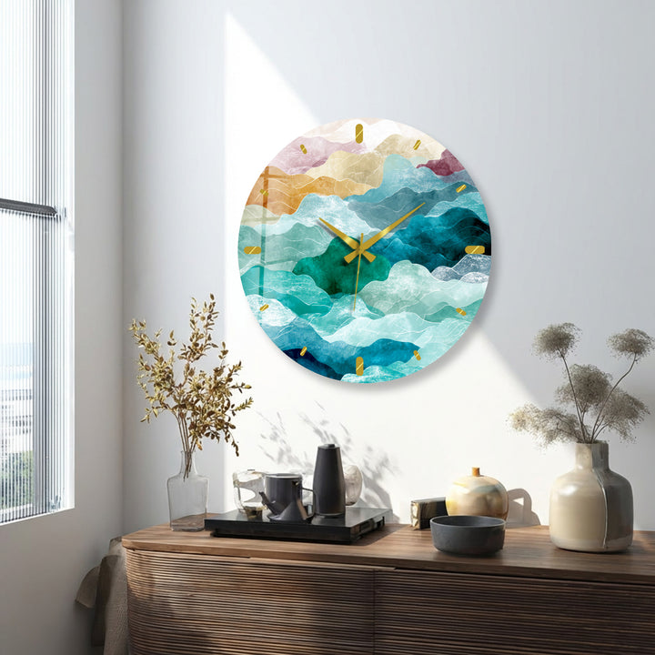 Abstract Mountain Glass Wall Clock – Teal Boho Landscape Decor