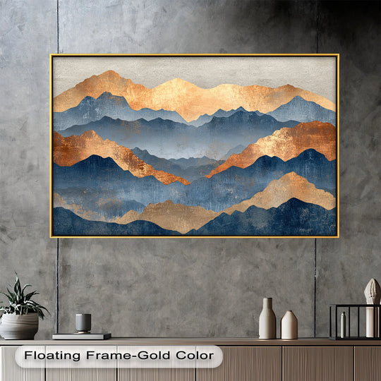 Framed layered mountain serenity, the focal point showcases details in this handcrafted oil painting art prints with blue and bronze hues.