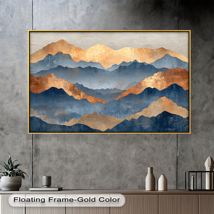 Modern mountain landscape painting with layered gold and blue tones.
