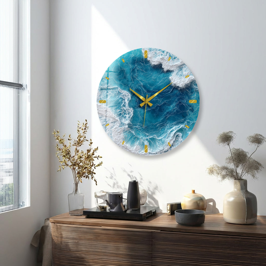 Ocean Waves Glass Wall Clock – Blue Coastal Beach House Decor
