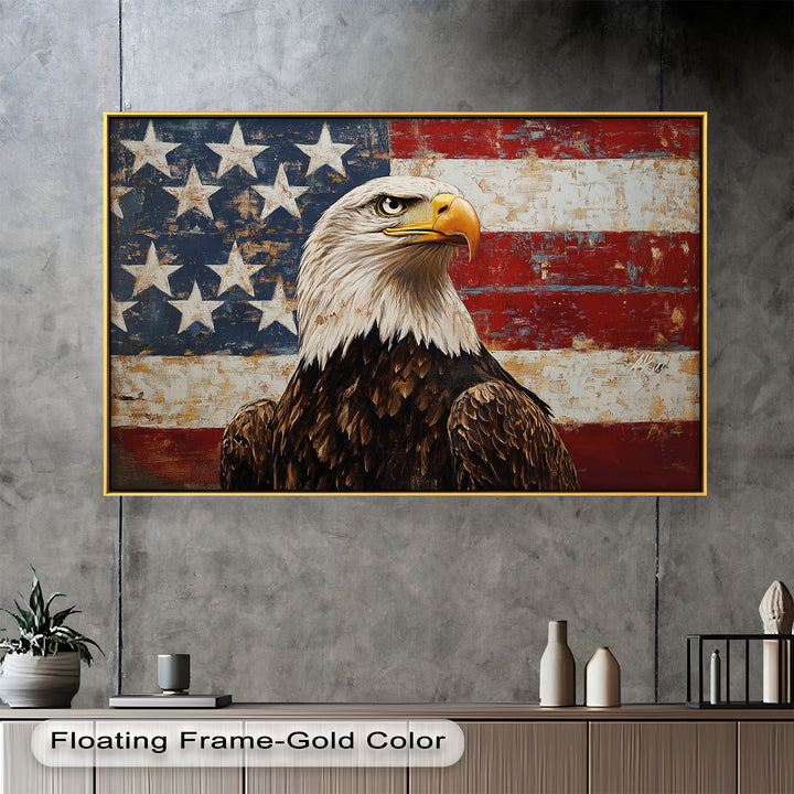 Adler mit amerikanischer Flagge – Patriotisches Ölgemälde