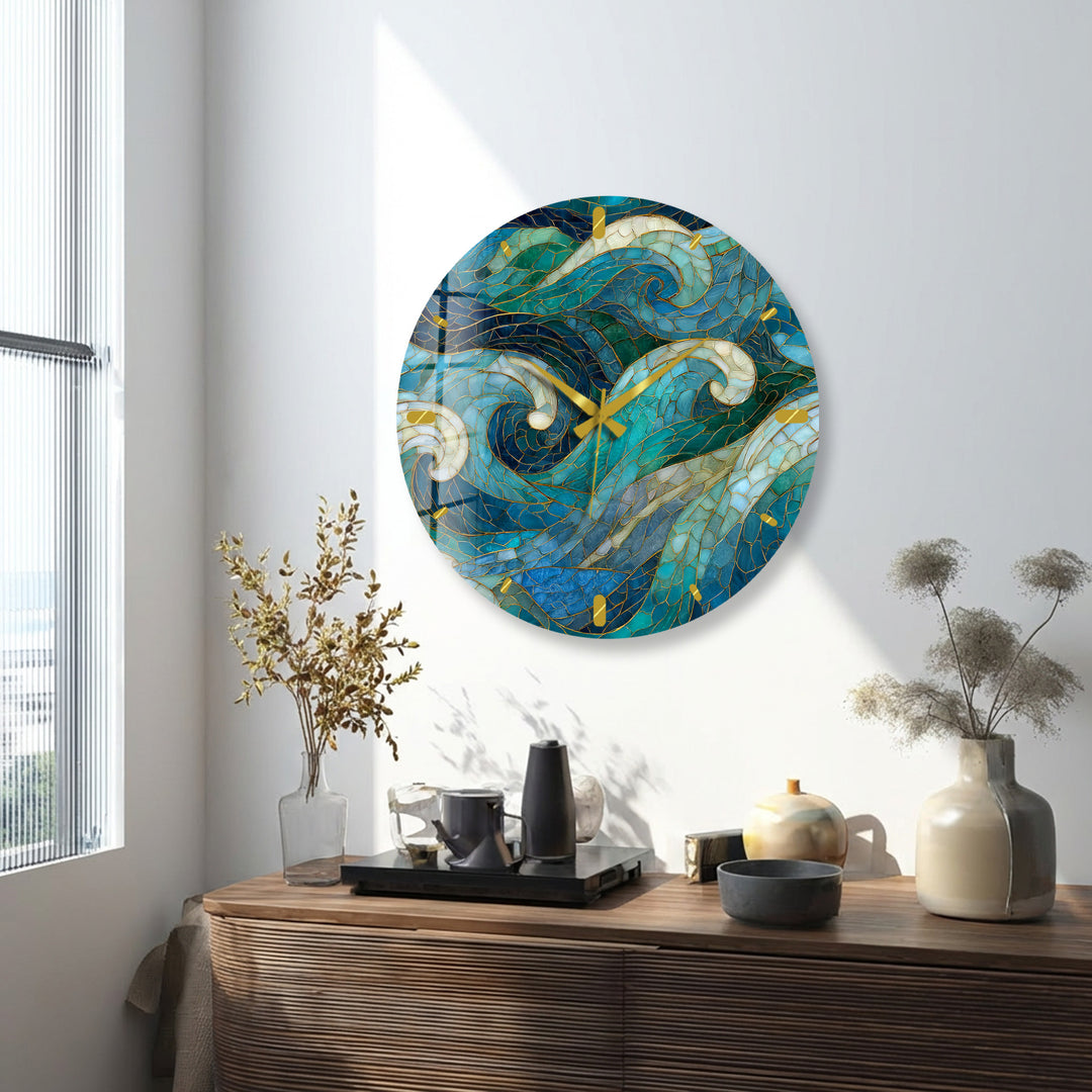 Blue Wave Glass Wall Clock – Abstract Stained Glass Style